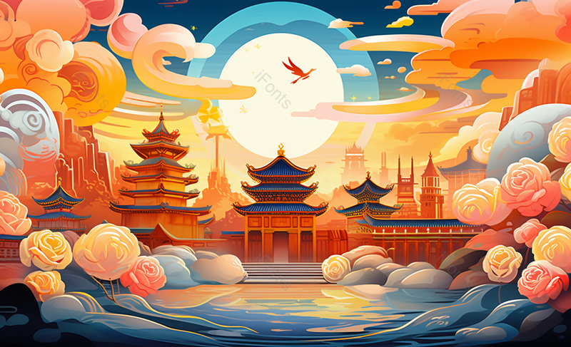 国庆中秋春节节日插画国潮中式古建古风祥云节庆,插画/手绘图,插画/手绘图库,插画/手绘图下载,插画/手绘